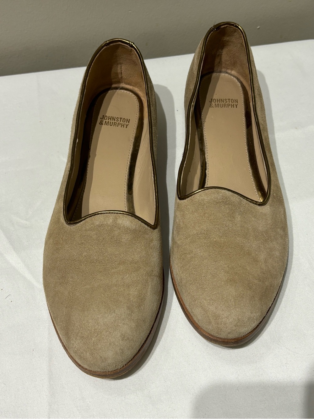 Johnston & Murphy Women's Beige Suede Slip-On Loafers with Bronze metallic trim